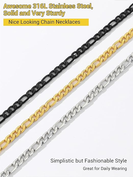 PROSTEEL 316L Stainless Steel Figaro Cuban Chain Necklace for Men, Black/18K Real Gold Plated, 4/5/6/7.5/9/10/13mm, 14inch-30inch, Come with Box