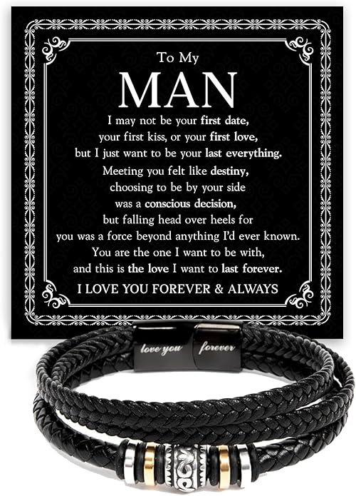 Mapileng To My Man – Braided Leather & Stainless Steel Bracelet with Heartfelt ‘Love You Forever’ - Elegant Gift Box Included, Gift from Girlfriend or Wife for Husband, Boyfriend, or Brother
