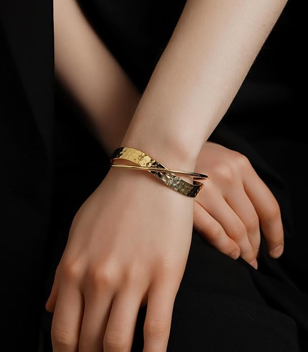OZEL – Women’s Gold Cuff Bracelets – 18K Gold Plated Textured Bangles with Multi-Color Crystal & Rhinestone Accents – Layered Stacking Jewelry