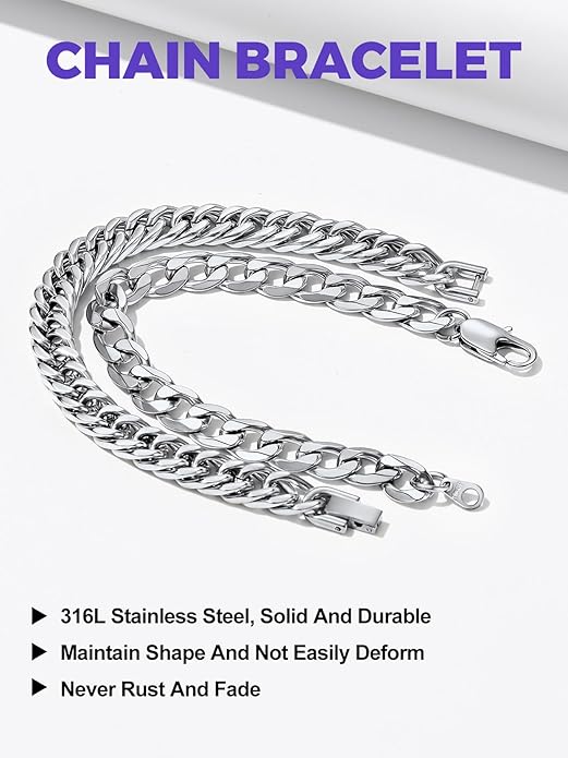 Richsteel 2PCS/3PCS Bracelets Chain for Men Women Stainless Steel Silver/Gold/Black Cuban/Rope Link Chain Bracelets Set, 7.4/8.2/9 Inch Hand Chain Length for Men Women Jewelry