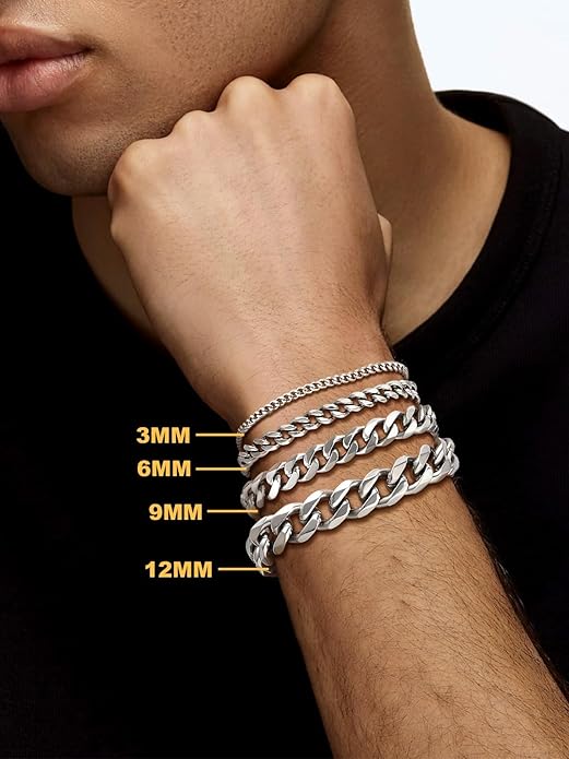 U7 Link Bracelets for Men, Cuban Link/Rope/Watch Band Solid Bracelet, Silver Black Gold Color Wrist Bracelet 3/6/9/12/15mm Width, 6.5/7.5/8.3 Inch Length, Hand Chain Jewelry for Mens Women