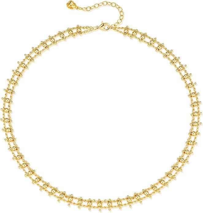 MTMY Beaded Necklaces for Women 14K Gold Plated Dainty Colorful Green/Rose Beaded Pearl Choker Necklace Delicate Boho Choker Necklace Jewelry Gift