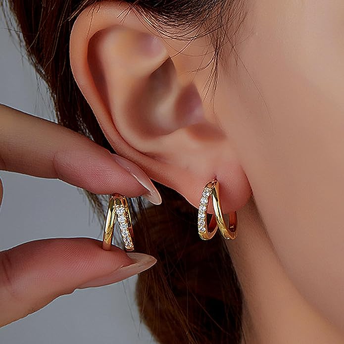 14K Gold Plated Hoop Earrings for Women Triple Huggie Illusion Stud Earring | Double Huggie Hoop Earrings for One Hole | Claw Ear Cuff Earring Jewelry Gift for Women