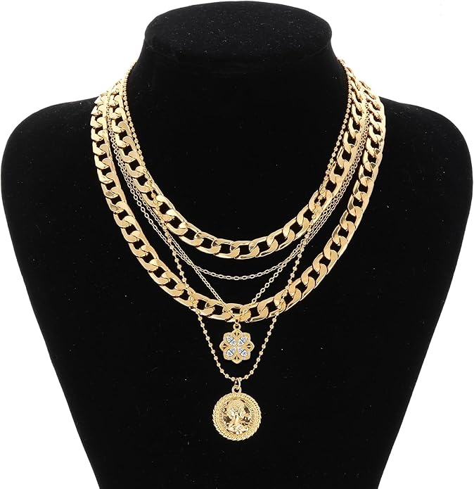 MJartoria Layered Necklaces for Women Trendy Retro Coin Pendant Necklace Dainty Chunky Chain Choker Necklaces for Jewelry Birthday Gifts