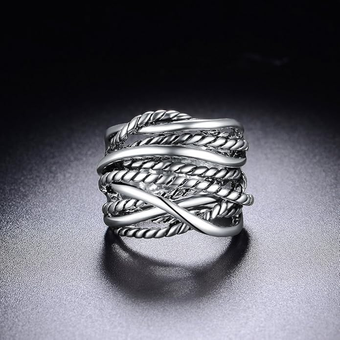 Wide Band Rings Twisted Rope Ring Two-Tone Mixed Metal Braided Statement Rings Fashion Jewelry for Women