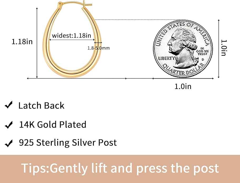 Gacimy Chunky Hoop Earrings for Women, 14K Gold Plated Oval Hoop Earrings with 925 Sterling Silver Post