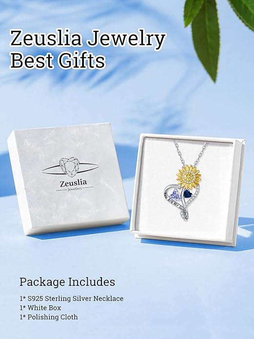 Zeuslia Double Birthstone Necklace Gifts for Wife - 925 Sterling Silver Sunflower/Rose/Crown Cross/Compass/Heart Pendant I Love You Necklace, Anniversary Birthday Gifts for Wife Girlfriend Mom Her