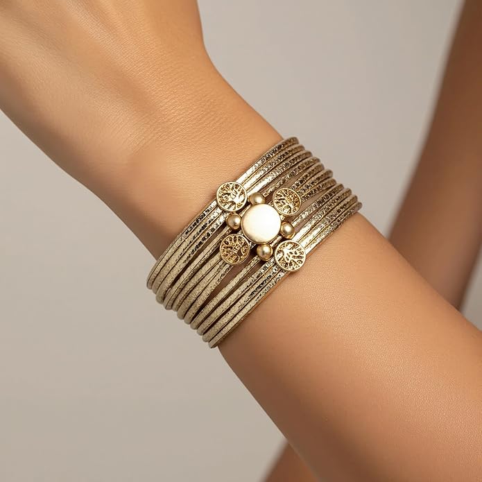 Edoneery Leather Wrap Bracelet for Women, Boho Handmade Multi-Layer Cuff with Crystal Beads Heart, Stackable Bangle Western Jewelry Gift