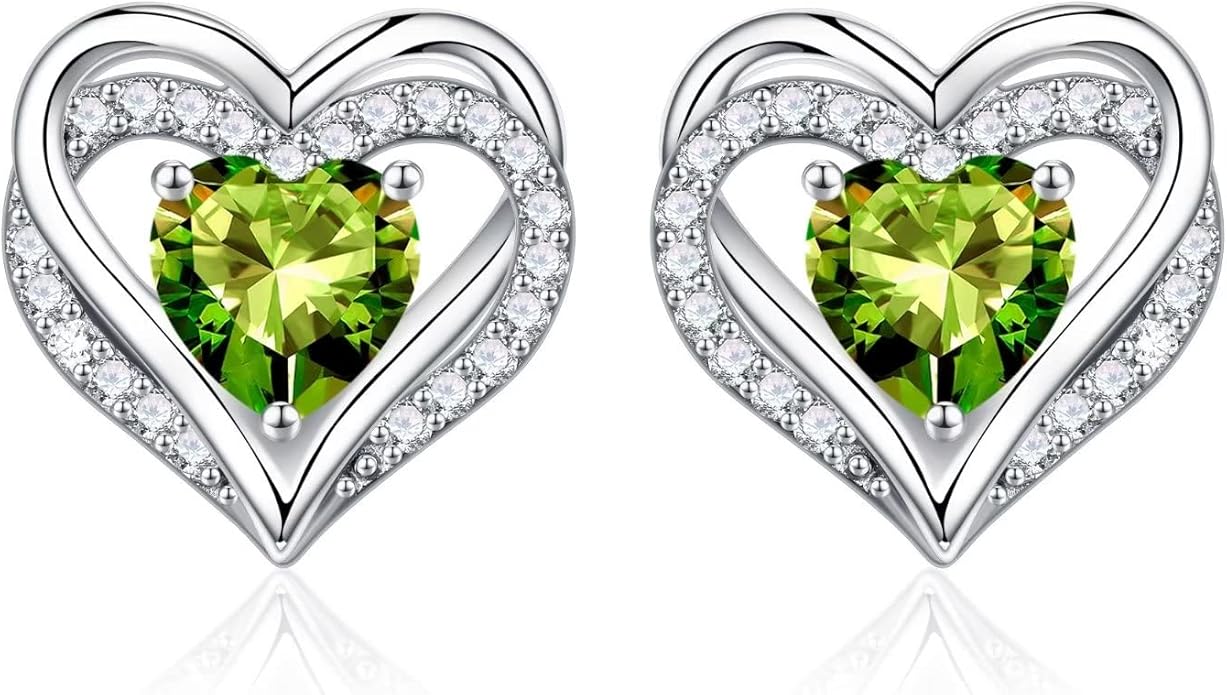 Iefil Birthstone Earrings for Women, 925 Sterling Silver Heart Stud Earrings Birthday Gifts for Women