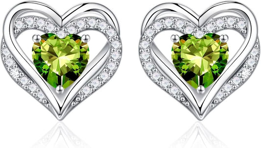 Iefil Birthstone Earrings for Women, 925 Sterling Silver Heart Stud Earrings Birthday Gifts for Women
