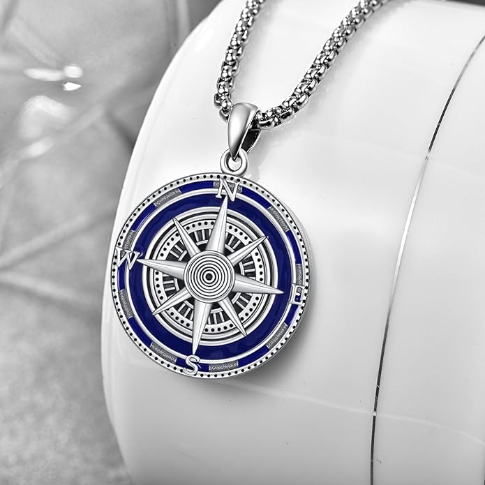 KINGWHYTE Compass Necklace for Men 925 Sterling Silver Birthday Gifts Graduation Travel Jewelry for Husband Brother with Stainless Steel Chain