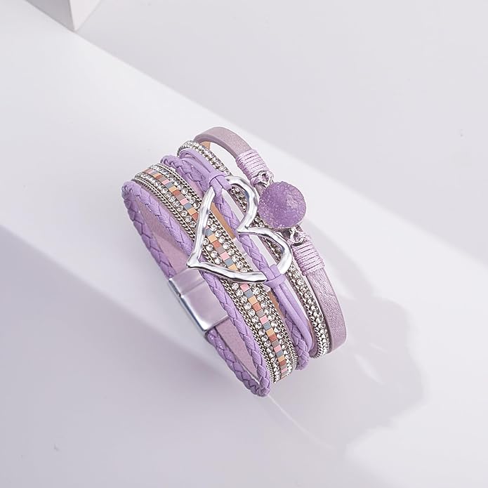 FANCY SHINY Heart Leather Wrap Bracelets Stackable Boho Cuff Bangles Trendy Resin Stone Rhinestone Bracelets with Magnetic Clasp for Women