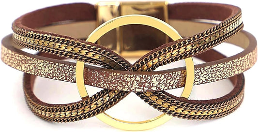 Fesciory Leopard Bracelet for Women, Boho Leather Wrap Multi-Layer Pearl Crystal Bracelet Bangle Jewelry