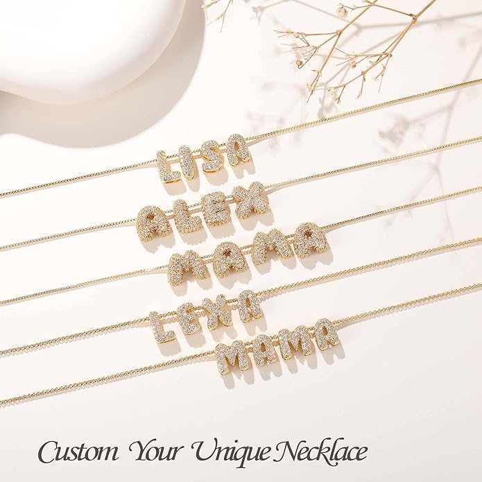 Custom Diamond Bubble 3D Letter Necklace Puffy Personalized Initial Charm with Zircon,18K Gold Plated Dainty Balloon Name Necklace for Women, Handmade Jewelry Gift for Her,Mother's Day