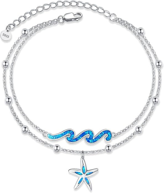 YFN Wave Anklet 925 Sterling Silver Ocean Wave Layered Ankle Bracelet Wave Beach Jewelry for Women Gifts