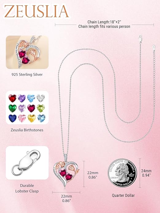 Zeuslia Double Birthstone Necklace Gifts for Wife - 925 Sterling Silver Sunflower/Rose/Crown Cross/Compass/Heart Pendant I Love You Necklace, Anniversary Birthday Gifts for Wife Girlfriend Mom Her