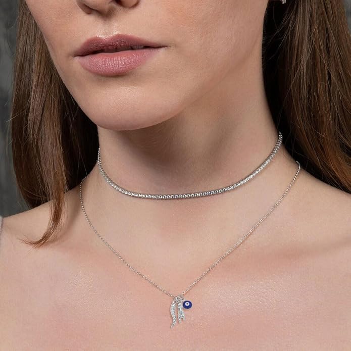 Dainty Blue Evil Eye Charm Horn Pendant Necklace for Women's Spiritual Protection Jewelry 14K Gold Plated