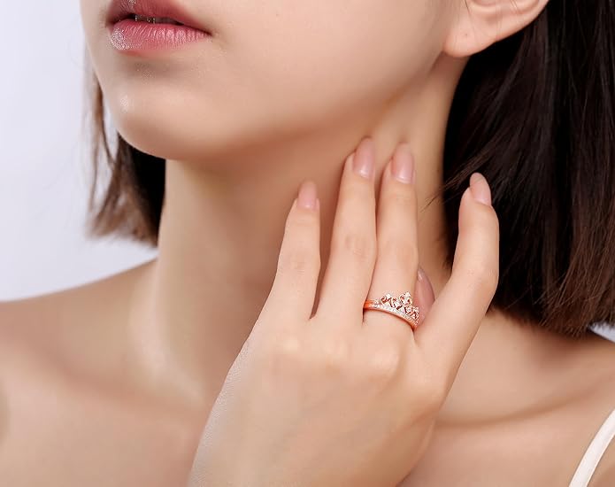 Princess Crown Ring, Round Cut Moissanite, Cubic Zirconia, Lab Grown or Natural Diamond Promise Ring for Women in 14K Gold Plated 925 Sterling Silver Jewelry Gift for Her