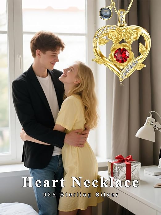 Midari 18K Gold Heart Birthstone Necklace for Women Rose Pendant Birthday Jewelry Gifts for Wife Her Daughter Mom