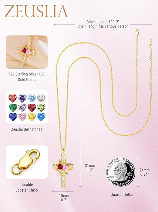 Zeuslia Double Birthstone Necklace Gifts for Wife - 925 Sterling Silver Sunflower/Rose/Crown Cross/Compass/Heart Pendant I Love You Necklace, Anniversary Birthday Gifts for Wife Girlfriend Mom Her