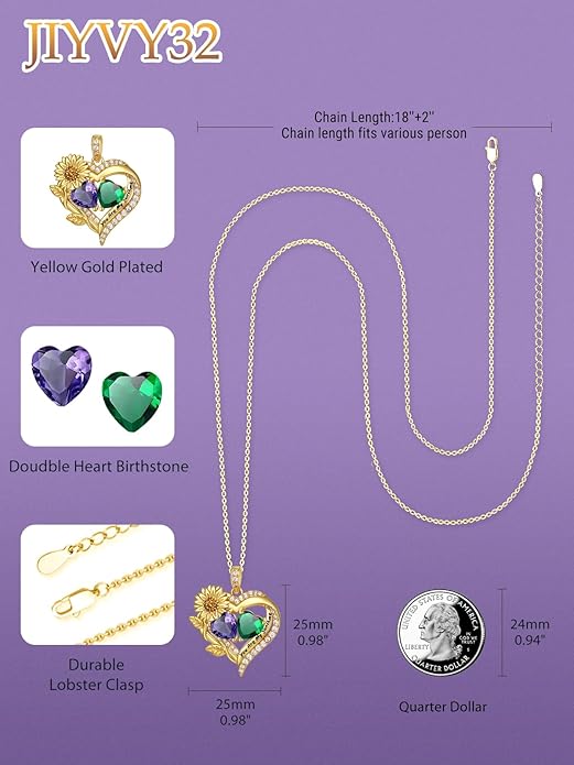 Sunflower Heart Necklace for Women 14K Gold Exquisite Anniversary Birthday Gifts for Wife Mother Her Double Birthstone Pendant jewelry‘You Are My Sunshine’