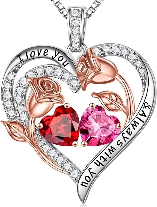 Iefil Birthstone Necklace for Women - 925 Sterling Silver Rose Heart Birthstone Necklace Birthday Anniversary Jewelry Gifts for Her Wife Mom Daughter