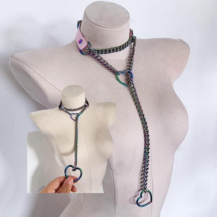 Handmade Black Heart Choker Collar For Women, Punk Gothic O-ring Slip Chain Necklace with Adjustable Vegan Leather Buckle