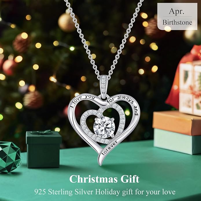 S925 Sterling Silver Necklace for Women, Christams Gift for Women, Love Heart Birthstone Necklaces for Women, Wife Jewelry, Mom Birthday Valentines Mothers Day Gifts, Girlfriend Necklaces, Daughter Heart Jewel, Anniversary for Her