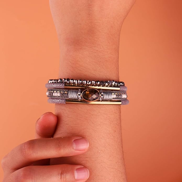 FANCY SHINY Leather Wrap Bracelets Crystal Beads Bracelet Boho Cuff Stone Charm Bracelets with Clasp Costume Jewelry for Women