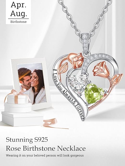 Zeuslia Double Birthstone Necklace Gifts for Wife - 925 Sterling Silver Sunflower/Rose/Crown Cross/Compass/Heart Pendant I Love You Necklace, Anniversary Birthday Gifts for Wife Girlfriend Mom Her