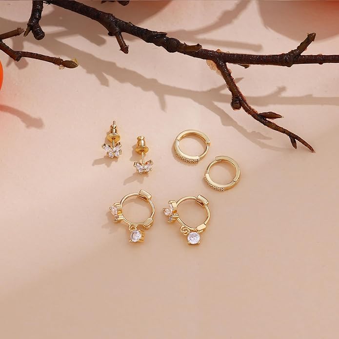 Gold Plated Earrings for Women, 14k Gold Plated Earring Stack Hypoallergenic Pearl Drop Earring Dainty Earrings for Women Trendy Cute Small Huggie Hoop Earring Fashion Womens Jewelry