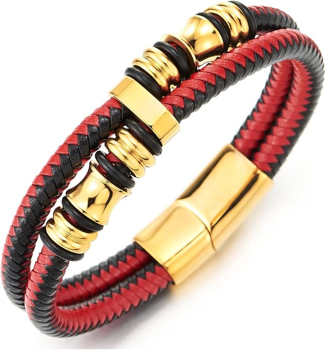 COOLSTEELANDBEYOND Mens Double-Row Braided Leather Bracelet Bangle Wristband with Stainless Steel Ornaments
