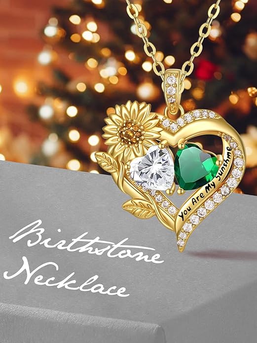 Sunflower Heart Necklace for Women 14K Gold Exquisite Anniversary Birthday Gifts for Wife Mother Her Double Birthstone Pendant jewelry‘You Are My Sunshine’