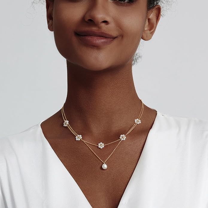 Gold Jewelry Set for Women - Dainty 14K Gold/Silver Plated Pearl Choker Necklace, Drop Earrings & Bracelets - Wedding Trendy Pearl Jewelry Gift