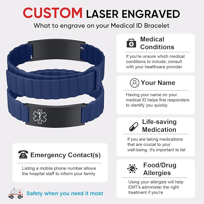 Comfortable Medical ID Bracelet for Men & Women - Custom Engraved Silicone Strap Comfort Fit Medical Alert Bracelets for Sports,Adjustable Waterproof Customizable Wristband for Diabetic