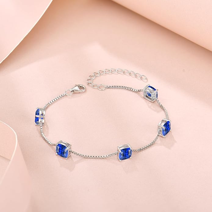 Birthstone Bracelet for Women 925 Sterling Silver Dainty Princess Cut Link Bracelet Jewelry Gifts for Her