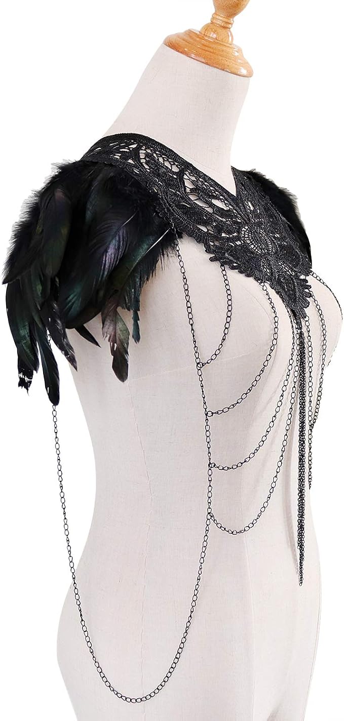 L'VOW Real Black Feather Harness Lace Collar Necklace Bib Halloween