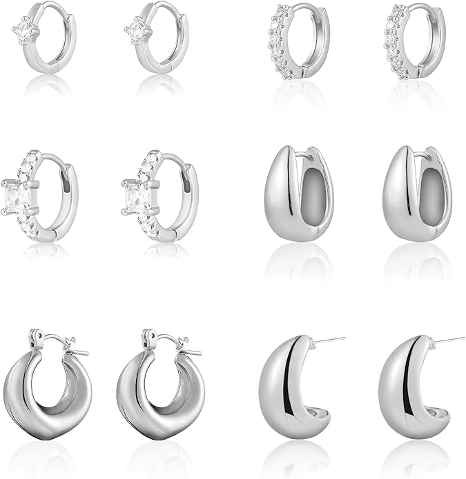 6 Pairs Gold Hoop Earrings for Women, 14K Gold Plated Huggie Hoop Earrings Set Hypoallergenic Lightweight Chunky Open Hoops Jewelry for Gift