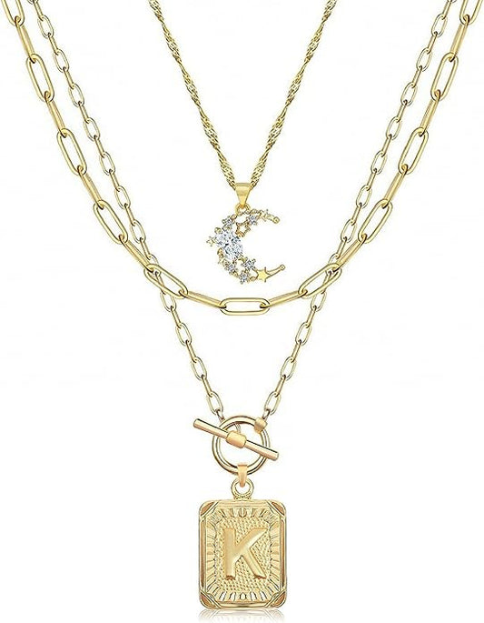 MJartoria Layered Initial Necklaces for Women Trendy, 14K Gold Plated Brass Simple Moon Choker Square Letter Pendant Necklace, Paperclip Chain Necklaces Jewelry Gifts