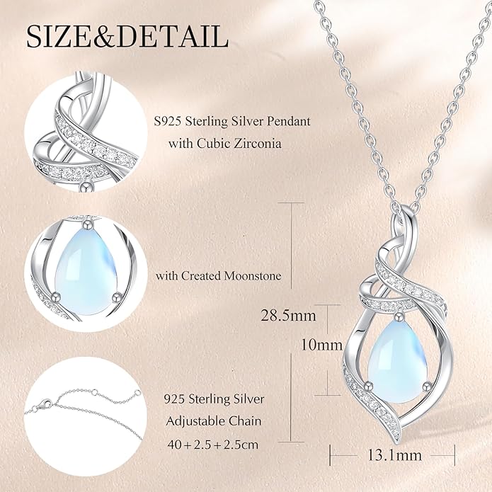FANCIME Teardrop Gemstone Necklace for Women S925 Sterling Silver Elegant Ribbon Pendent Birthday Gifts for Her, 16"+2" Inches