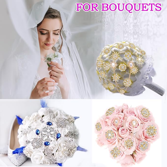 Yhsheen Gold Rhinestone Brooches Pin Kits Crystal Pearl Brooches for Bouquets for Wedding Decoration Accessories Jewelry Making Crafts(Gold-14PCS)-B