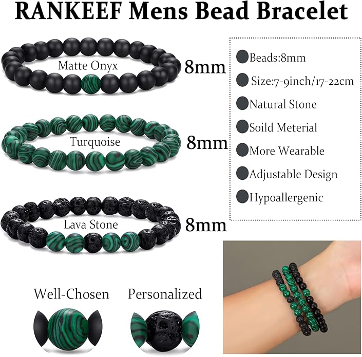 RANKEEF Mens Bead Bracelet Set - Adjustable Elastic Rope With 6&8MM Natural Stone Multi-Colored Beads - Tiger Eye Bracelets for Men - Gift