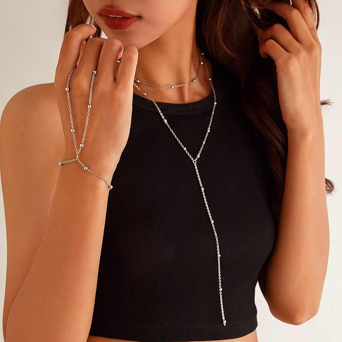 Zeffy Lariat Gold Necklace for Women, Dainty Long Necklace 14k Gold/Silver Plated Layered CZ Beaded Bar Chain Y-Shaped Body Chain Stack Drop Wedding Necklace Trendy Simple Gold Jewelry Gifts