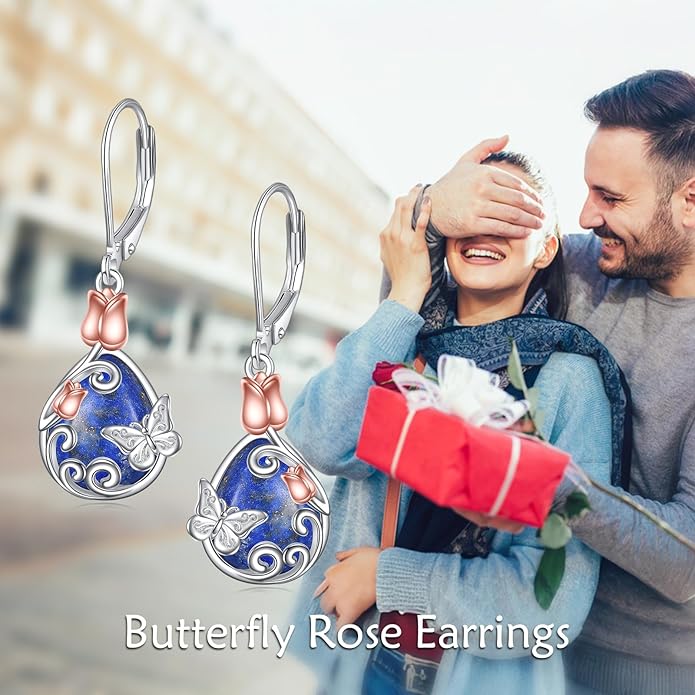 AOBOCO Butterfly/Dragonfly/Bee/Ladybug Leverback Earrings 925 Sterling Silver Rose Lotus Tulip Flower Filigree Dangle Earrings Teardrop Moonstone Larimar Turquoise Abalone Shell Jewelry Birthday Gifts for Women