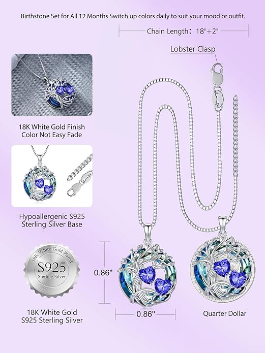 TOUPOP s925 Sterling Silver Family Celtic Tree of Life Pendant Necklaces with 2 Heart Birthstone with Blue Austrian Crystal Jewelry Birthday Anniversary Christmas Gifts for Her Wife Girlfriend Mom (18K Real White Gold Filled)