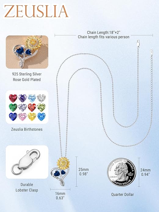 Zeuslia Double Birthstone Necklace Gifts for Wife - 925 Sterling Silver Sunflower/Rose/Crown Cross/Compass/Heart Pendant I Love You Necklace, Anniversary Birthday Gifts for Wife Girlfriend Mom Her