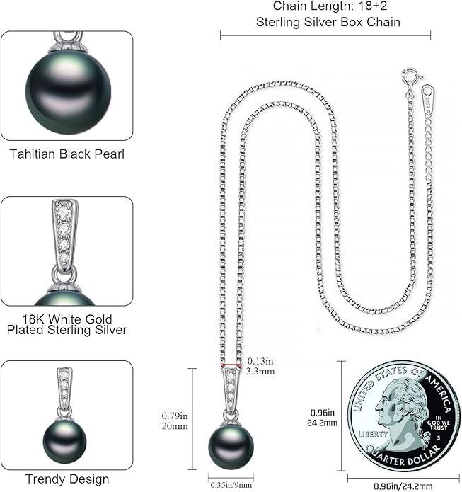 KANNSOAR Tahitian Black Pearl AAAA 18K White Gold Plated Sterling Silver Pendant Necklace for Women Wife Mom Girlfriend Her Jewelry Gift for Birthday Anniversary Christmas