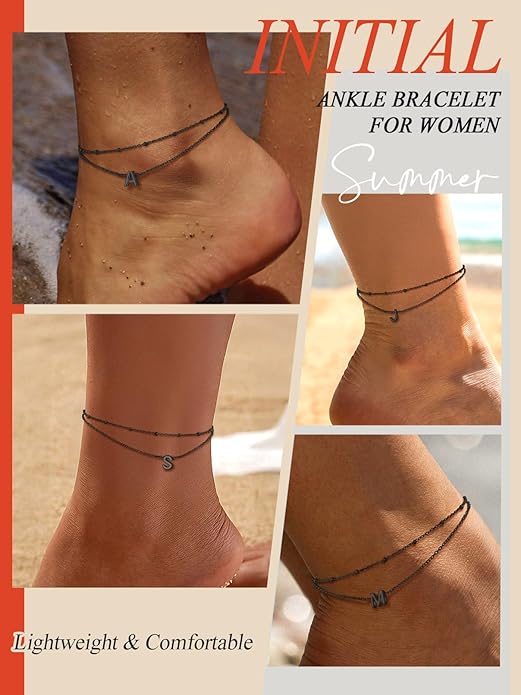 FaithHeart Initial Ankle Bracelets for Women, Waterproof 14k Gold Plated Initial Anklets Non Tarnish Stainless Steel Layered Anklet Summer Beach Foot Jewelry