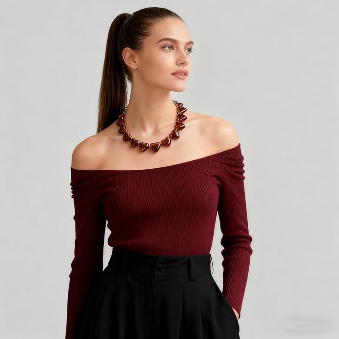 YUJIE Chunky Heart Penadnt Necklace for Women- Exaggerated Statement Puff Heart Necklace with Acrylic Beaded Chain