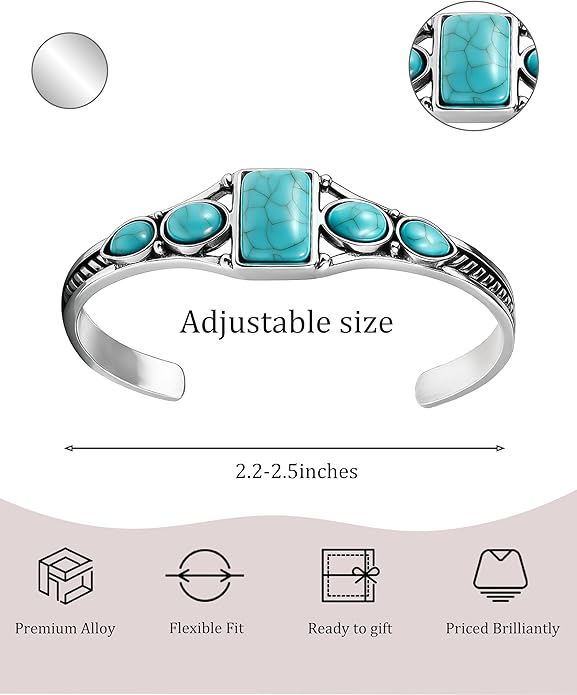Boho Turquoise Silver Cuff Bracelet for Women, Vintage Jewelry Bangle with Carved Details, Adjustable Silver Bangles for Women, Sterling Silver Plated Bangles Style